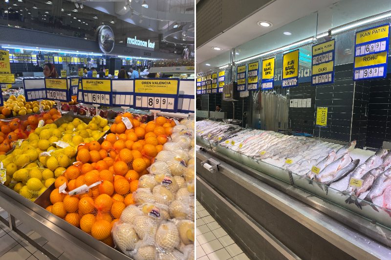 MyDIN の青果売場と鮮魚売場。オレンジやレモンが山積みにされ、値札が掲示されている